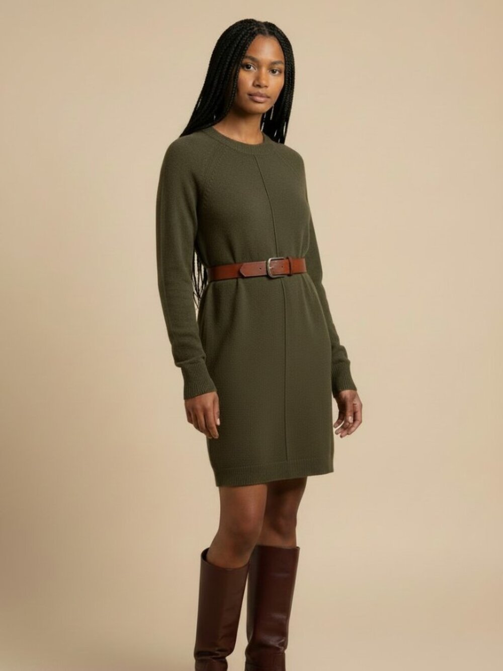 Roots Olive Green Viscose Blend Long Sleeve Sweater Dress S/P